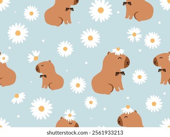 Seamless pattern with capybara cartoons and daisy flower on green mint background vector.