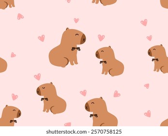 Seamless pattern with capybara cartoons and hearts on pink background vector.