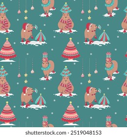 Seamless pattern with capybara, Christmas tree and ball in cartoon style. Green background. Perfect for kids design, decor textiles, fabric print, Christmas cards, wallpaper and wrapping paper design.