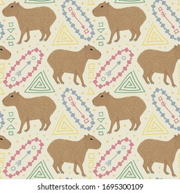 Seamless pattern of capybara with ethnic ornament elements. Repeatable textile vector print, wallpaper design.