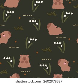 Seamless pattern with capybara, flowers and dots  on black background. Hand drawn animals and flowers.	
