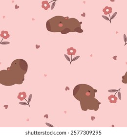 Seamless pattern with capybara and flowers on pink background. Hand drawn animals and flowers.