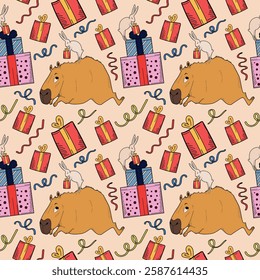 Seamless pattern. Capybara and hare. Festive seamless pattern. Party. Carnival. Celebration. Packaging. Background with capybara and hare. Hare gives gifts. For birthday