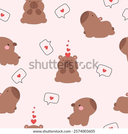 Seamless pattern with capybara and hearts. Cute animal pattern.