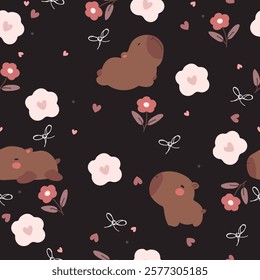 Seamless pattern with capybara, hearts and flowers on black background. Hand drawn animals and flowers.