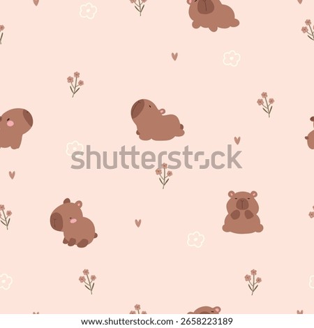 Seamless pattern with capybara, hearts and flowers on pastel background. Hand drawn animals and flowers.