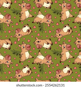 Seamless pattern of capybara, Capybara in love, running, love, Valentine's Day, holiday, for fabric design, packaging, vector