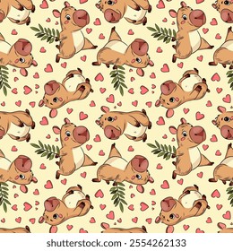 Seamless pattern of capybara, Capybara in love, running, love, Valentine's Day, holiday, for fabric design, packaging, vector