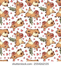 Seamless pattern of capybara, Capybara in love, running, love, Valentine's Day, holiday, for fabric design, packaging, vector