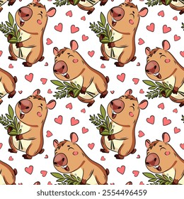 Seamless pattern of capybara, Capybara in love, running, love, Valentine's Day, holiday, for fabric design, packaging, vector	