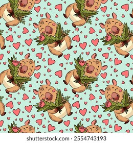 Seamless pattern of capybara, Capybara in love, running, love, Valentine's Day, holiday, for fabric design, packaging, vector