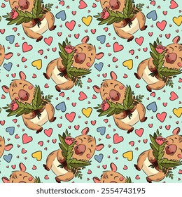 Seamless pattern of capybara, Capybara in love, running, love, Valentine's Day, holiday, for fabric design, packaging, vector