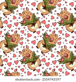 Seamless pattern of capybara, Capybara in love, running, love, Valentine's Day, holiday, for fabric design, packaging, vector