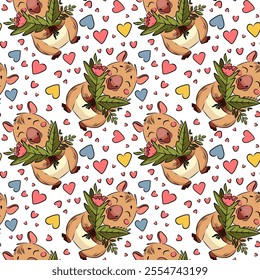 Seamless pattern of capybara, Capybara in love, running, love, Valentine's Day, holiday, for fabric design, packaging, vector