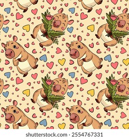 Seamless pattern of capybara, Capybara in love, running, love, Valentine's Day, holiday, for fabric design, packaging, vector