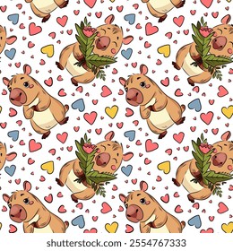 Seamless pattern of capybara, Capybara in love, running, love, Valentine's Day, holiday, for fabric design, packaging, vector