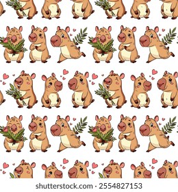 Seamless pattern of capybara, Capybara in love, running, love, Valentine's Day, holiday, for fabric design, packaging, vector