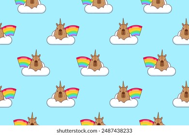 Seamless pattern of capybara and rainbow. Vector illustration.