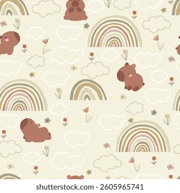 Seamless pattern with capybara, rainbows and flowers . Hand drawn animals and flowers.	
