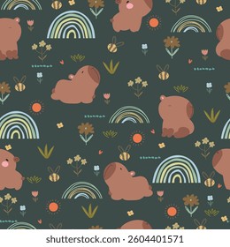 Seamless pattern with capybara and rainbows . Hand drawn animals, rainbows and flowers.	
