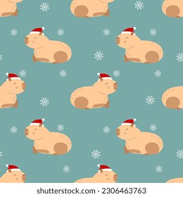 Seamless pattern with capybara in red hat and snowflakes