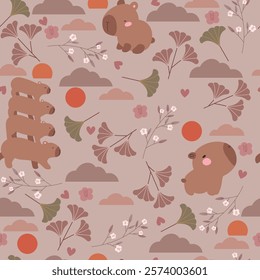 Seamless pattern with capybara, red sun, clouds, flowers and leaves. Vector illustration with animals and nature asian style. 