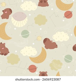 Seamless pattern with capybara and space. Hand drawn illustration with cute animals, stars, planets, moon and clouds. Vector illustration for kids.