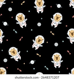 Seamless pattern a capybara in space with stars and planets.