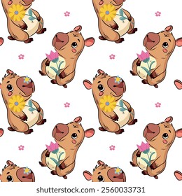 Seamless pattern Capybara. Spring, Summer, flowers, tulips, sunflower, forget-me-nots, daisies, twigs, leaves. Festive background for packaging, textiles