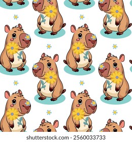 Seamless pattern Capybara. Spring, Summer, flowers, tulips, sunflower, forget-me-nots, daisies, twigs, leaves. Festive background for packaging, textiles