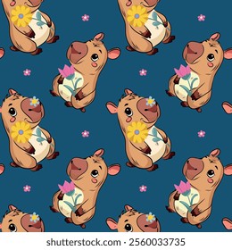 Seamless pattern Capybara. Spring, Summer, flowers, tulips, sunflower, forget-me-nots, daisies, twigs, leaves. Festive background for packaging, textiles