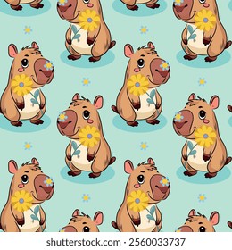 Seamless pattern Capybara. Spring, Summer, flowers, tulips, sunflower, forget-me-nots, daisies, twigs, leaves. Festive background for packaging, textiles