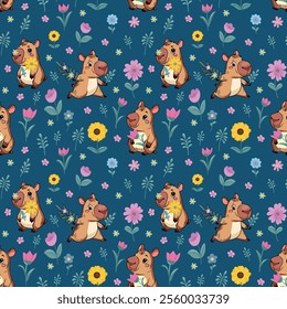 Seamless pattern Capybara. Spring, Summer, flowers, tulips, sunflower, forget-me-nots, daisies, twigs, leaves. Festive background for packaging, textiles