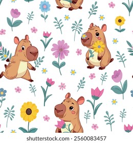 Seamless pattern Capybara. Spring, Summer, flowers, tulips, sunflower, forget-me-nots, daisies, twigs, leaves. Festive background for packaging, textiles