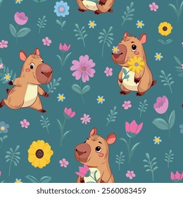 Seamless pattern Capybara. Spring, Summer, flowers, tulips, sunflower, forget-me-nots, daisies, twigs, leaves. Festive background for packaging, textiles