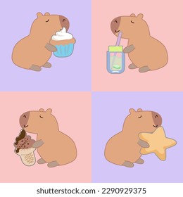 Seamless pattern with capybara, stars, flowers, strawberry,cute cupcakes and drink in the doodle kawaii