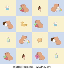 Seamless pattern with capybara, stars, flowers, strawberry,cute cupcakes and drink in the doodle kawaii