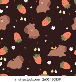 Seamless pattern with capybara, strawberry, cute birds and flowers . 