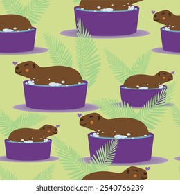 Padrão contínuo de capibaras banho, corações e folhas, ilustração de stock de vetor plano com capibaras como um padrão animal sem fim para sstkBackgrounds