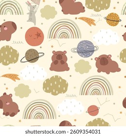 Seamless pattern with capybaras, clouds, planets, stars and rainbows. Vector illustrtaion.