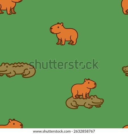 Seamless pattern with capybaras and crocodiles on a green meadow. Jungle vibe and cute animal pairing in a playful, child-friendly design.