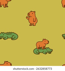 Seamless pattern of capybaras and crocodiles relaxing in a desert scene. Bright yellow background adds warmth to this quirky animal duo.