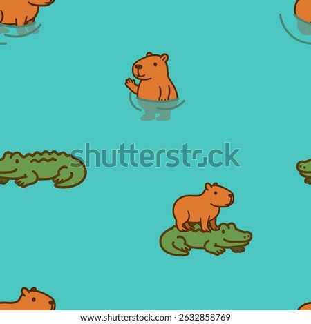 Seamless pattern with capybaras and crocodiles swimming in blue water. Tropical animal friendship in minimal, playful style. Perfect for kids and summer themes.