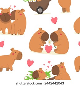 Nahtloses Muster mit Capybaras, süße Tiere im flachen Cartoon-Stil, Capybara-Liebhaber. Vektorgrafik.