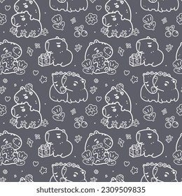 Seamless pattern with capybaras and doodles on gray background for girly design. Cute background with animals in love for textiles, print for fabric, wrapping paper.