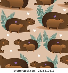 Padrão contínuo com capibaras com corações, ilustração de stock de vetor plano com capibaras como solicitações de padrão abstrato, sstkBackgrounds