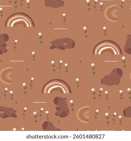 Seamless pattern with capybaras, hearts, rainbows and white flowers on brown background . Hand drawn animals and flowers.	
