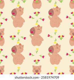 Seamless pattern with capybaras holding flowers on a soft beige background. Ideal for fabric, gift wrapping, greeting cards, wallpapers, and feminine-themed designs