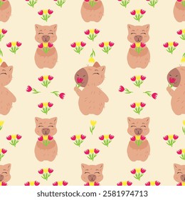 Seamless pattern with capybaras holding flowers on a soft beige background. Ideal for fabric, gift wrapping, greeting cards, wallpapers, and feminine-themed designs