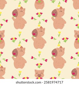 Seamless pattern with capybaras holding flowers on a soft beige background. Ideal for fabric, gift wrapping, greeting cards, wallpapers, and feminine-themed designs